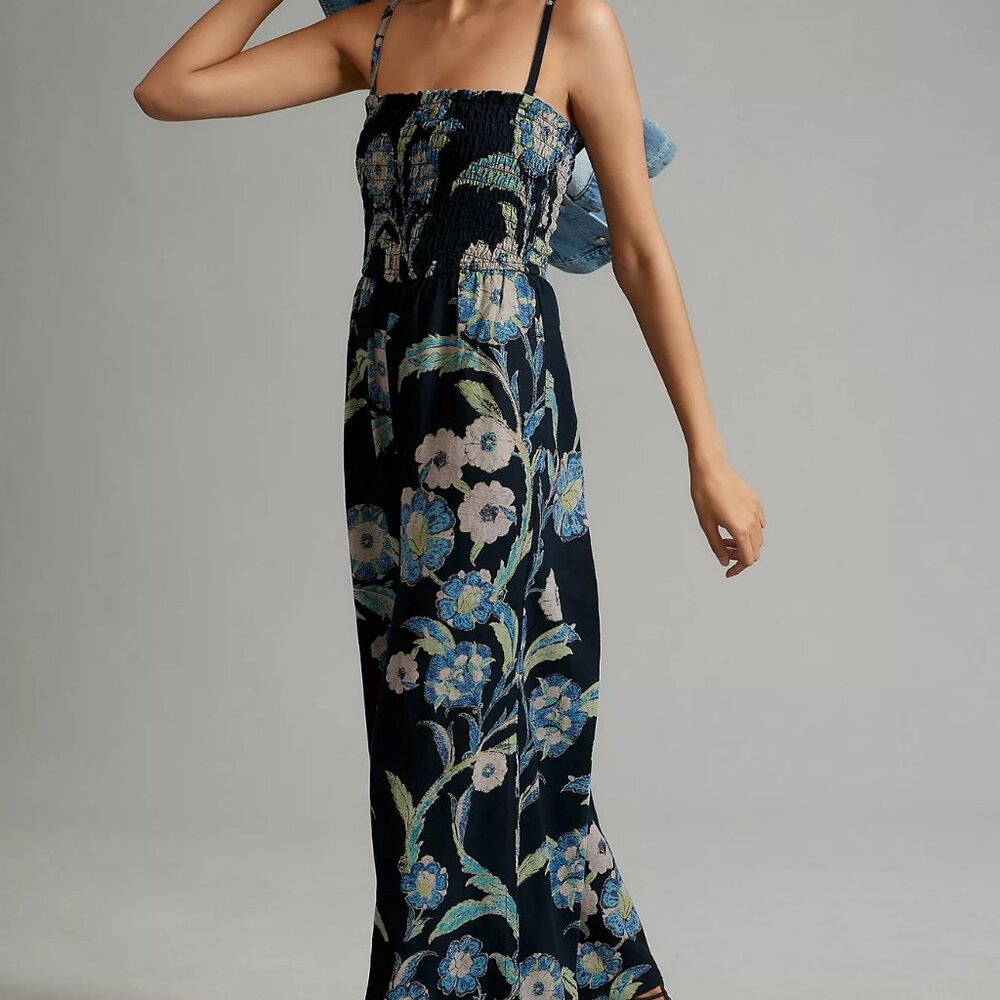 Anthropologie Pilcro Linen Smocked Floral Wide Leg Jumpsuit 1X